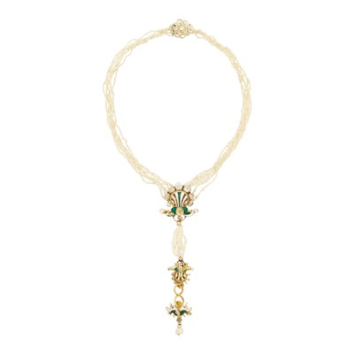 Lot 3154 - Seven Strand Seed Pearl, Gold and Enamel Pendant-Necklace with Low Karat Gold and Seed Pearl Clasp