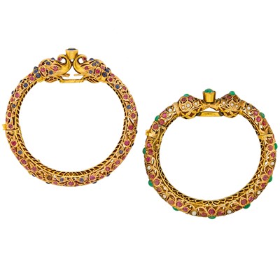 Lot 3026 - Pair of Indian Rose and Yellow Gold, Split Pearl and Colored Stone Bangle Bracelets