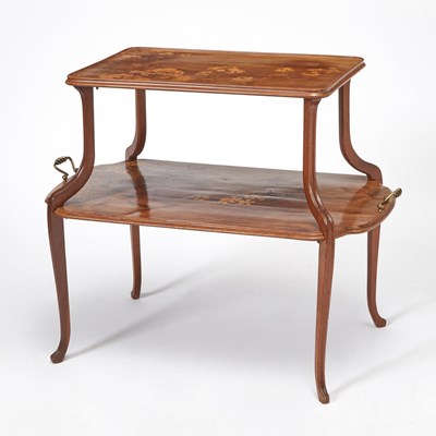 Lot 210 - Louis Majorelle Art Nouveau Marquetry Inlaid Fruitwood Two-Tier Tea Table