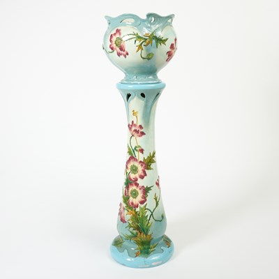 Lot 231 - French Art Nouveau Floral Decorated Majolica Jardiniere and Pedestal