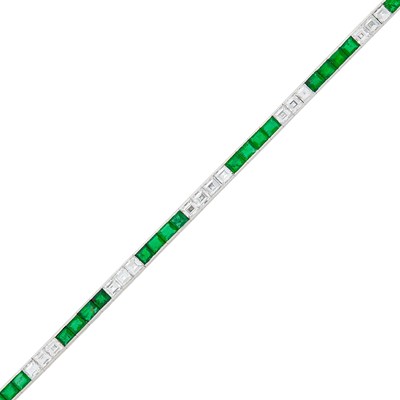 Lot 2042 - Waslikoff & Sons Platinum, Emerald and Diamond Straightline Bracelet