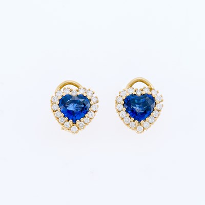 Lot 3313 - Pair of Gold, Sapphire and Diamond Heart Earrings