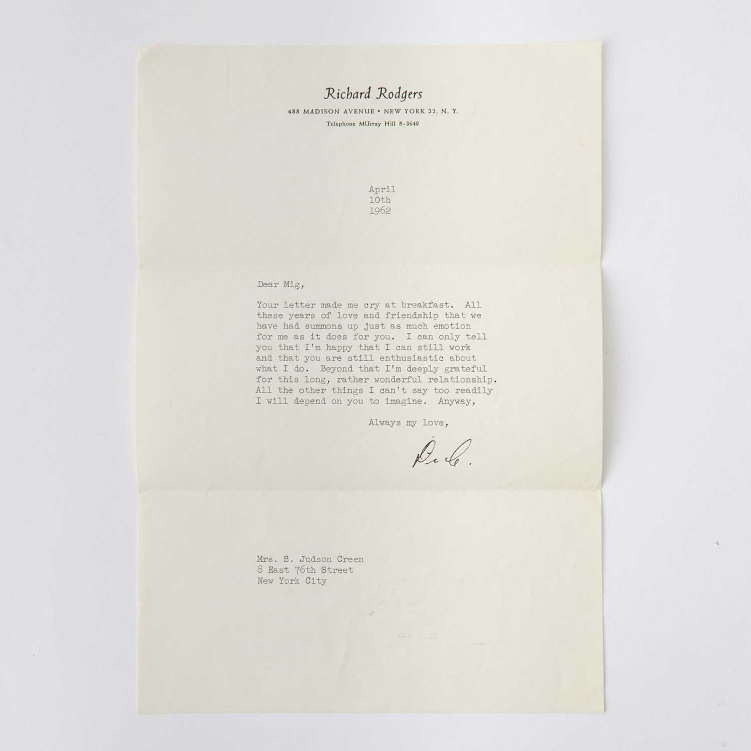 Lot 564 - An emotional letter from Richard Rodgers