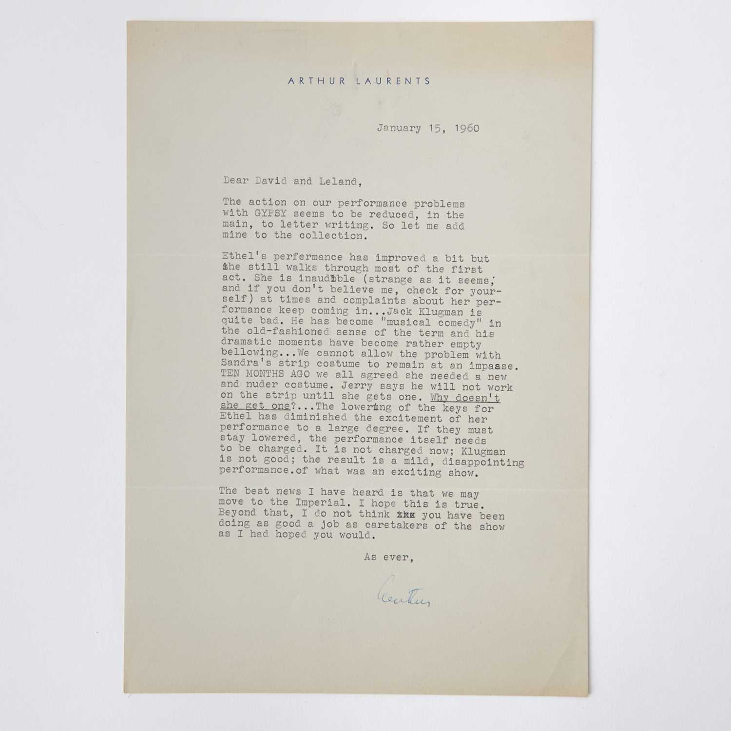 Lot 568 - An excellent 1960 letter from Arthur Laurents about Ethel Merman's performance in Gypsy