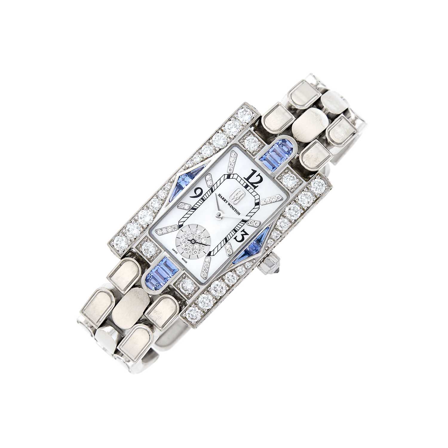 Lot 34 - Harry Winston White Gold, Mother-of-Pearl, Diamond and Sapphire 'Classic Aurora' Wristwatch