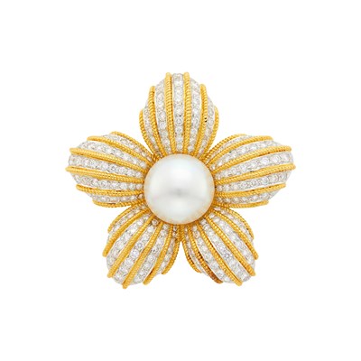 Lot 2062 - Two-Color Gold, South Sea Cultured Pearl and Diamond Flower Pendant Clip-Brooch