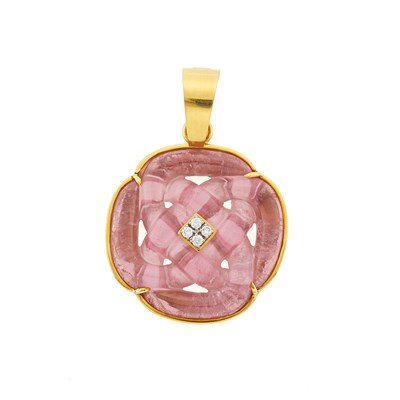 Lot 3050 - Gump's Gold, Carved Celtic Knot Pink Tourmalie and Diamond Enhancer Pendant