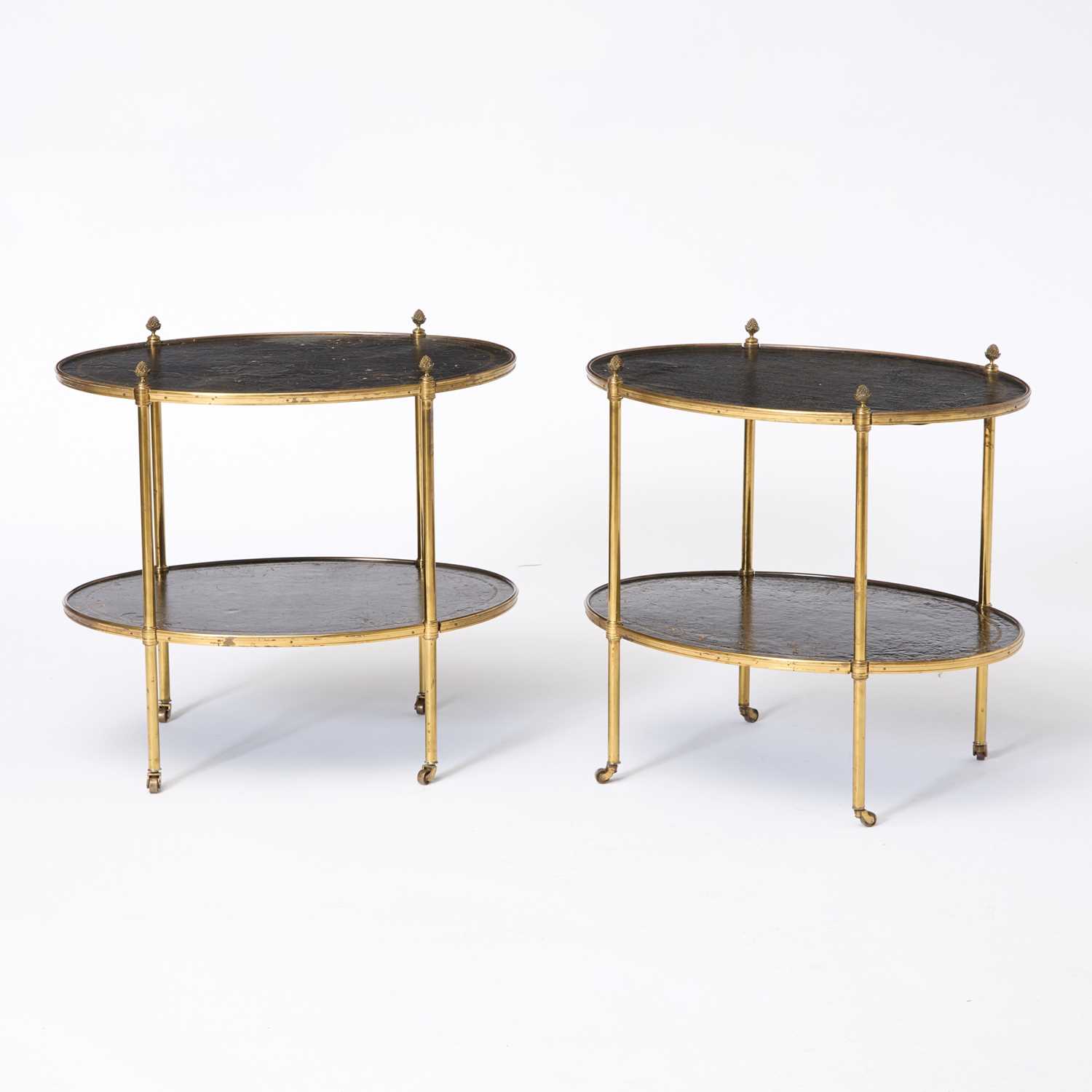 Lot 363 - Pair of Leather Top Brass Oval Two-Tier Side Tables