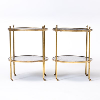 Lot 363 - Pair of Leather Top Brass Oval Two-Tier Side Tables