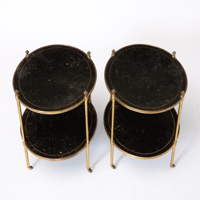Lot 363 - Pair of Leather Top Brass Oval Two-Tier Side Tables
