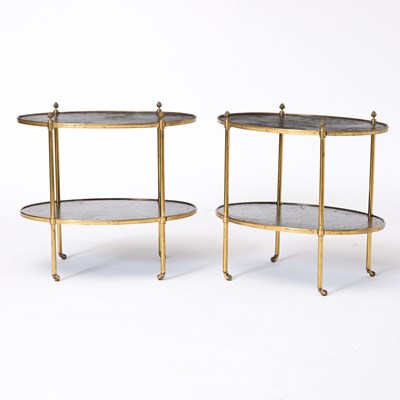 Lot 363 - Pair of Leather Top Brass Oval Two-Tier Side Tables