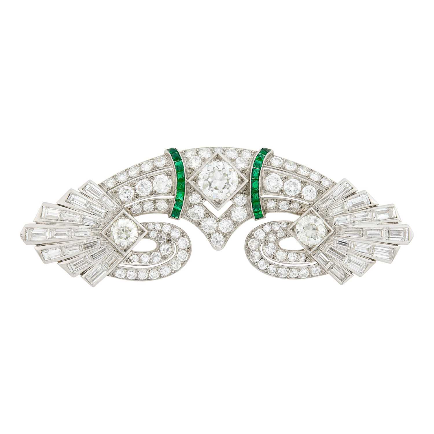 Lot 150 - Platinum, Diamond and Simulated Emerald Brooch
