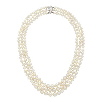 Lot 2032 - Triple Strand Cultured Pearl Necklace with Platinum, Cultured Pearl and Diamond Clasp