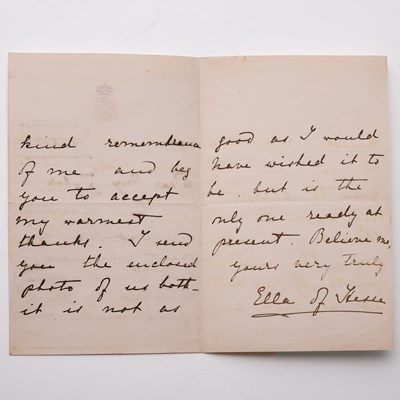 Lot 167 - Grand Duchess Elizabeth Feodorovna: Letter to Isabella Tylor, 1884