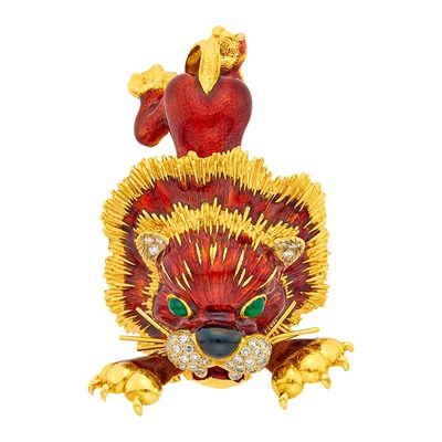 Lot 2089 - Frascarolo Gold, Enamel, Diamond and Green Onyx Lion Clip-Brooch