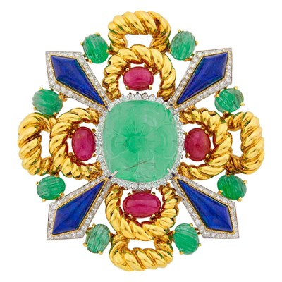 Lot 2030 - Balogh Two-Color Gold, Carved Emerald, Cabochon Ruby, Lapis and Diamond Pendant-Brooch