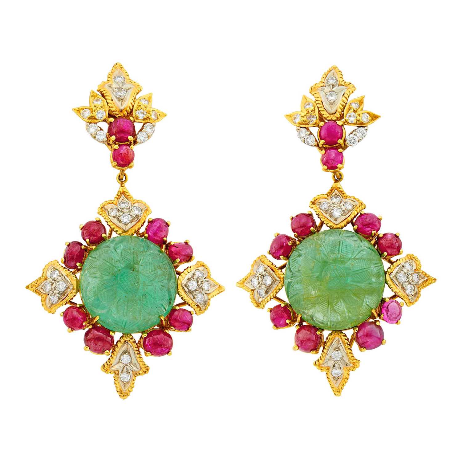Lot 2028 - Pair of Two-Color Gold, Carved Emerald, Cabochon Ruby and Diamond Pendant-Earclips