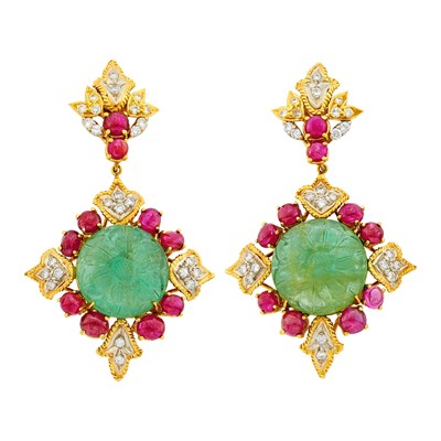 Lot 2028 - Pair of Two-Color Gold, Carved Emerald, Cabochon Ruby and Diamond Pendant-Earclips