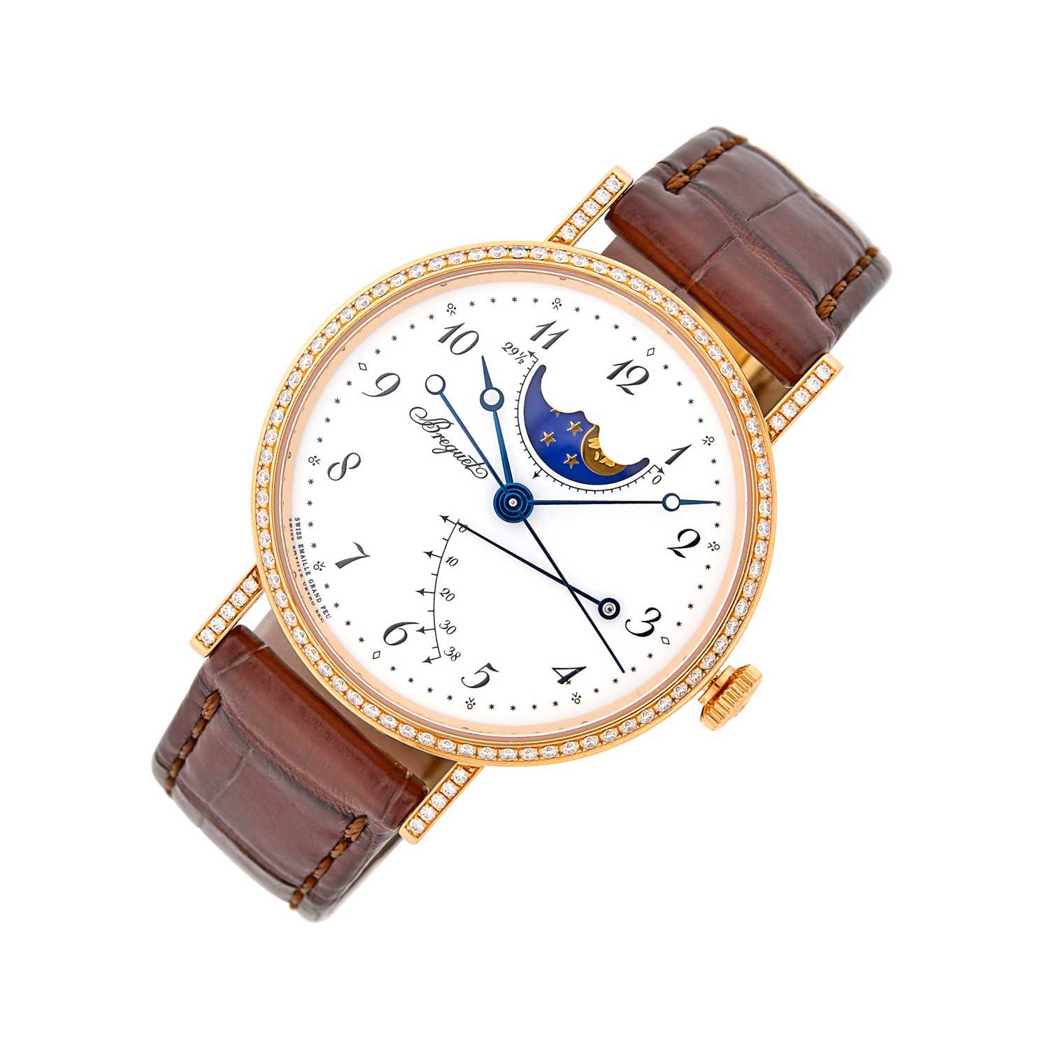 Lot 101 - Breguet Rose Gold and Diamond 'Classique' Power Reserve Moonphase Wristwatch, Ref. 8788
