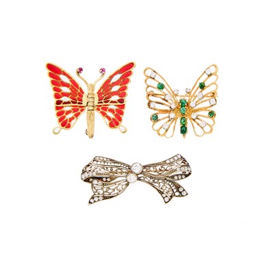 Lot 1185 - Gold, Diamond and Emerald Butterfly Pin, Martine Gold and Enamel Butterfly Pin and Silver, Gold and Diamond Bow Brooch