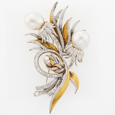Lot 2096 - Two-Color Gold, Baroque South Sea Cultured Pearl and Diamond Flower Brooch