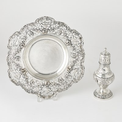 Lot 194 - English Sterling Silver Sugar Caster and a Continental Silver Dish
