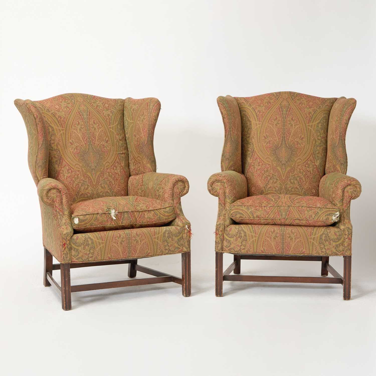 Lot 587 - Pair of George III Style Upholstered Mahogany Wingchairs