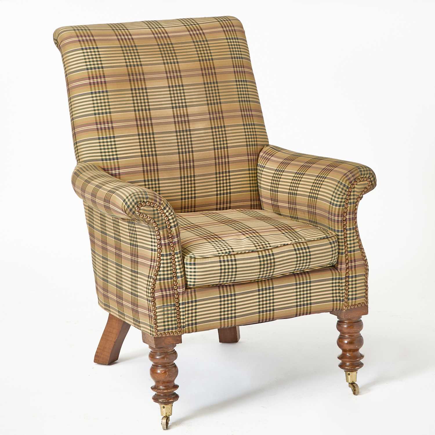 Lot 553 - Plaid Upholstered Stained Wood Armchair