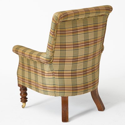 Lot 553 - Plaid Upholstered Stained Wood Armchair