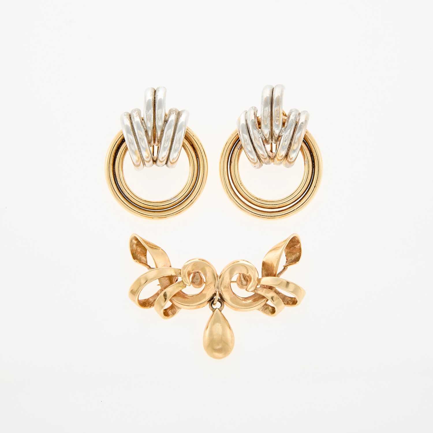 Lot 49 - Pair of Two-Color Gold Earrings and Brooch