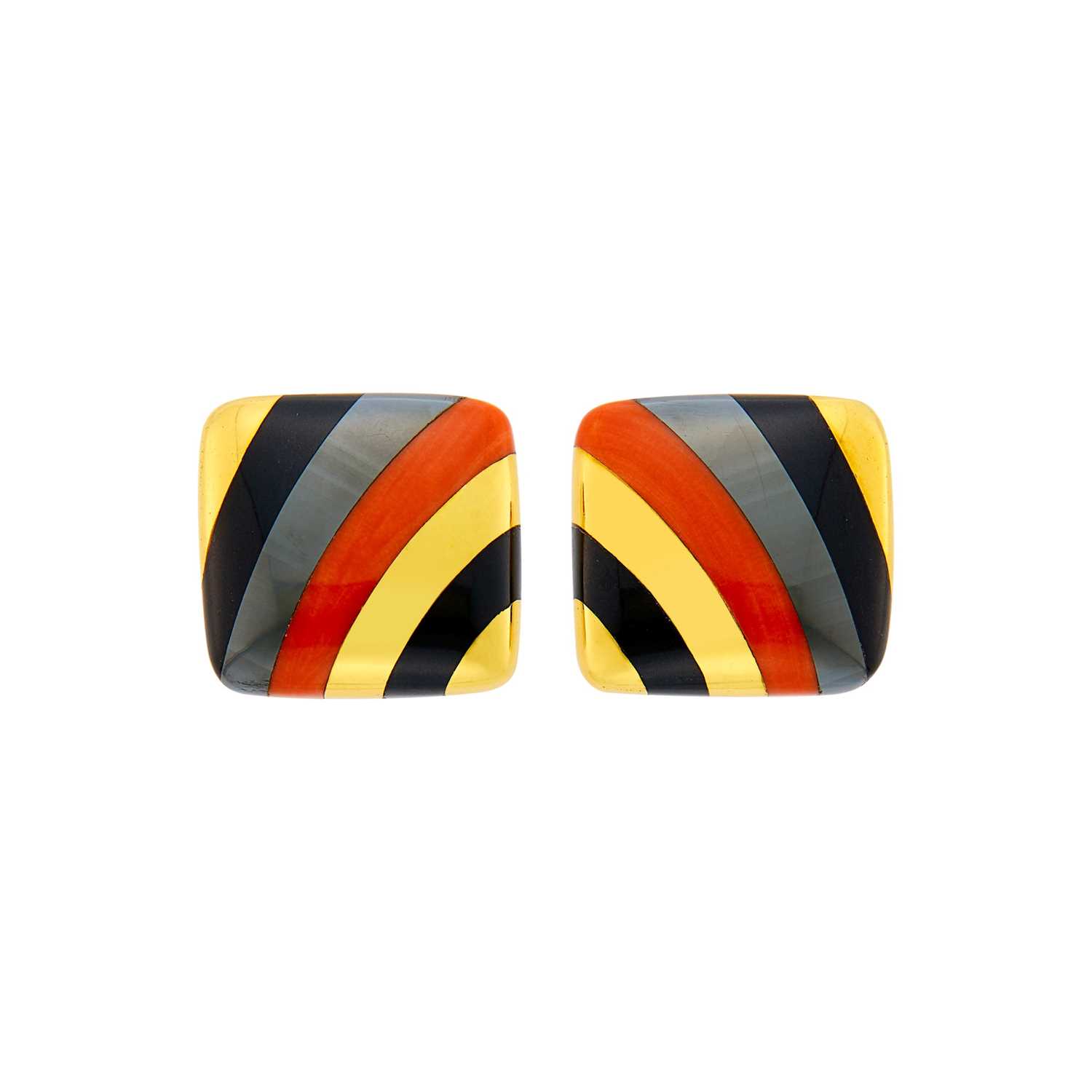 Lot 1006 - Tiffany & Co. Pair of Gold, Black Jade, Hematite, and Coral Earclips
