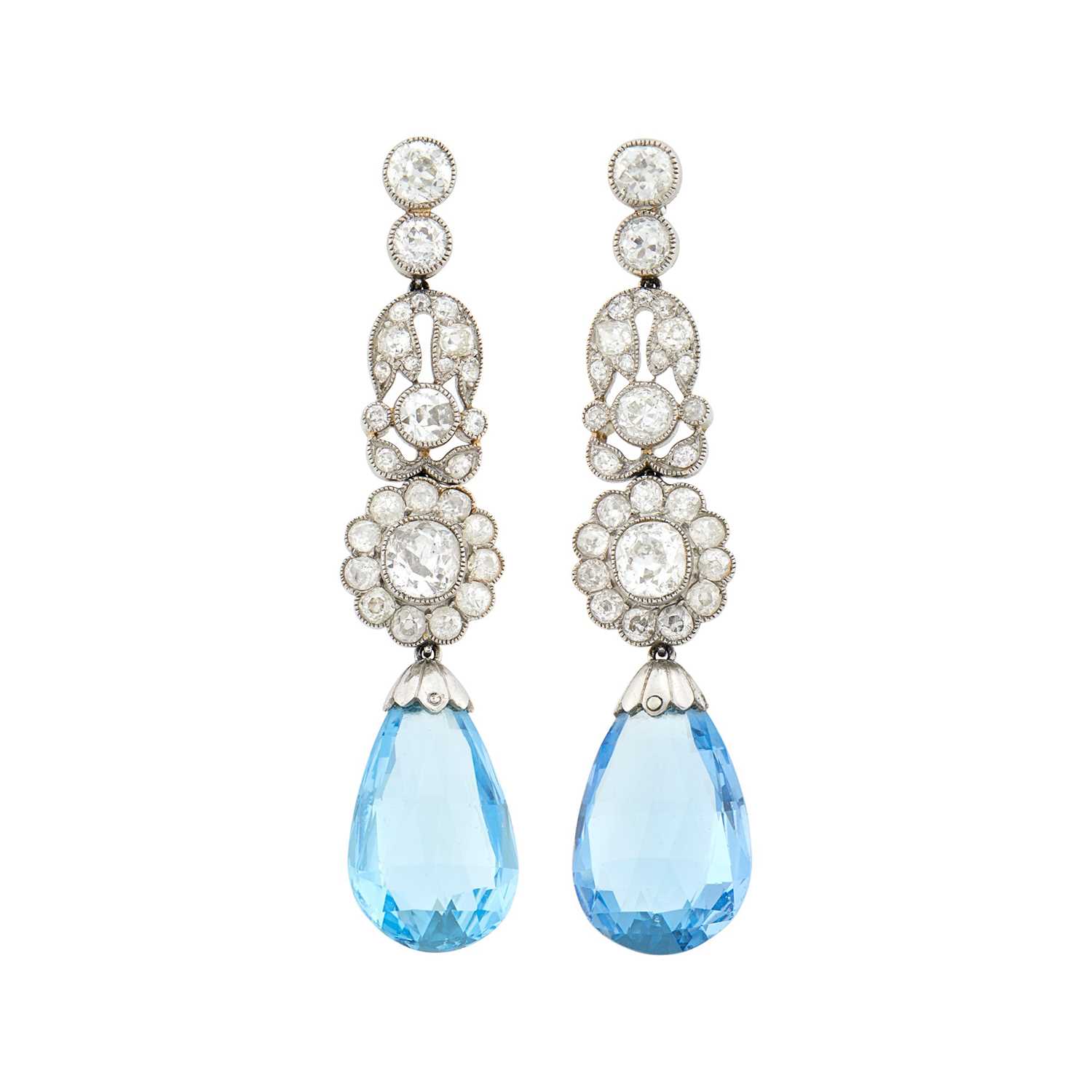 Lot 183 - Pair of Belle Epoque Platinum, Diamond and Aquamarine Briolette Pendant-Earrings