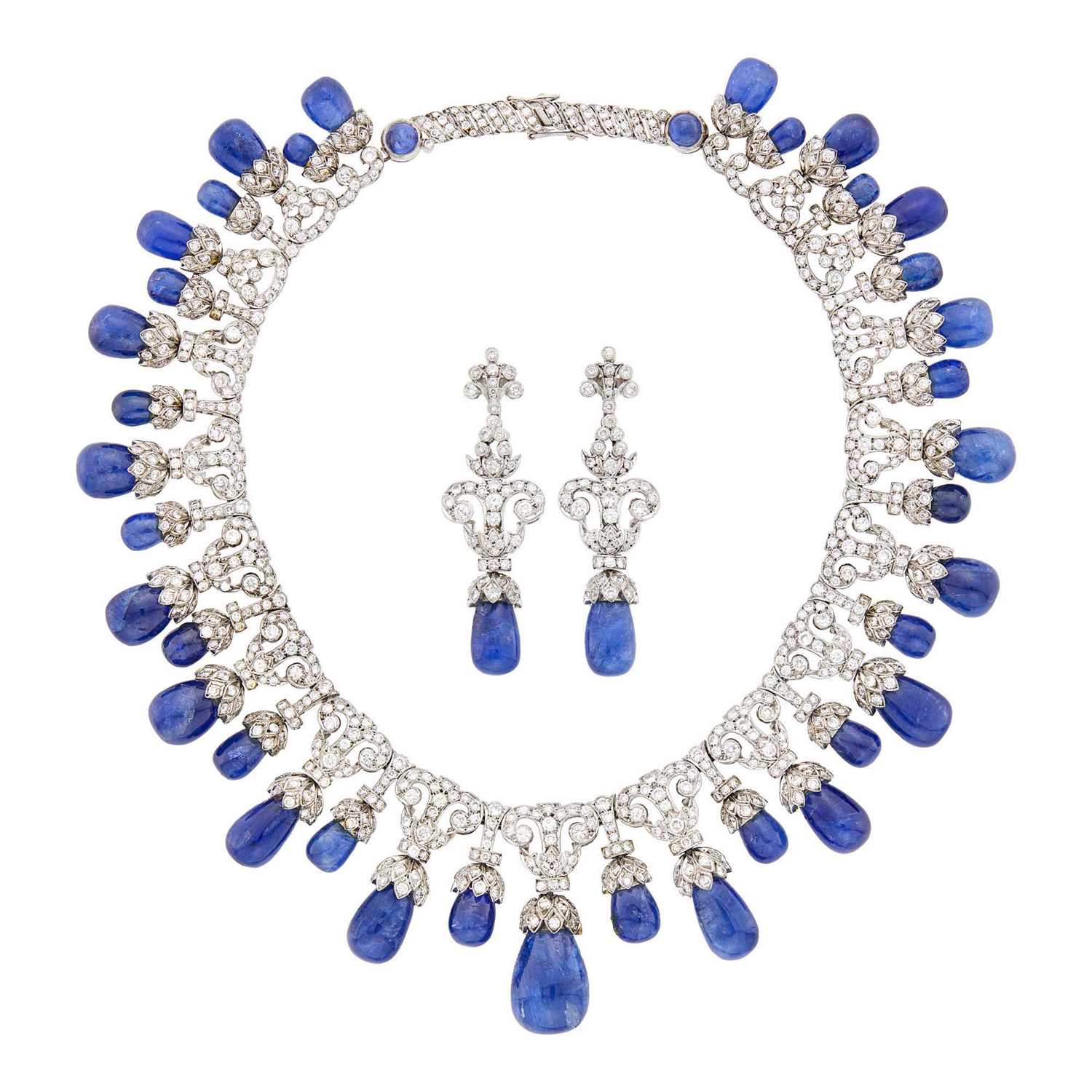 Lot 1134 - Silver, Sapphire and Diamond Fringe Necklace and Pair of Pendant-Earrings