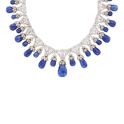 Lot 1134 - Silver, Sapphire and Diamond Fringe Necklace and Pair of Pendant-Earrings