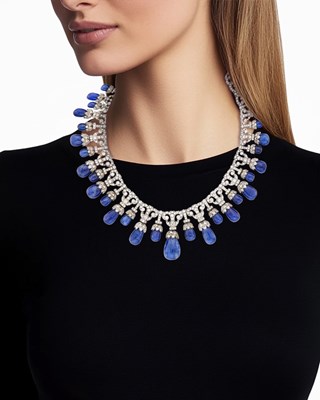 Lot 1134 - Silver, Sapphire and Diamond Fringe Necklace and Pair of Pendant-Earrings