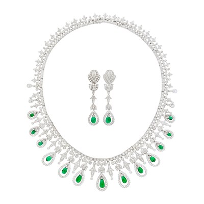 Lot 2038 - White Gold, Emerald and Diamond Necklace and Pair of Pendant-Earclips