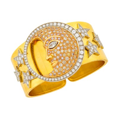 Lot 2055 - Demner Tricolor Gold, Colored Diamond and Diamond Star Cuff with Moon Clip-Brooch