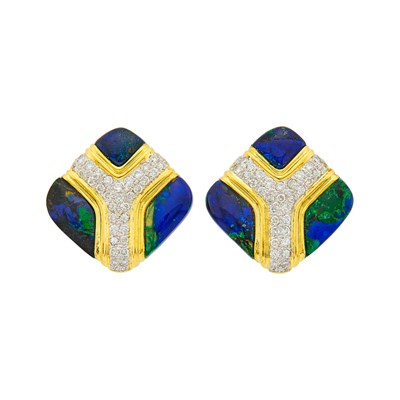 Lot 2064 - Pair of Two-Color Gold, Azurmalachite and Diamond Earclips