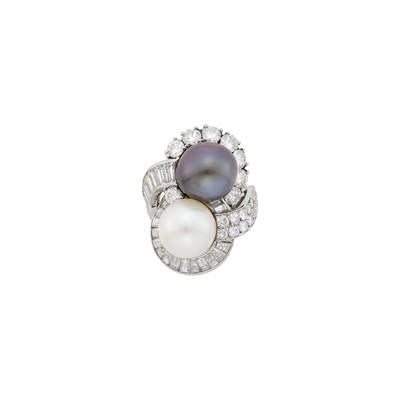 Lot 2094 - Platinum, White and Black Cultured Pearl and Diamond Ring