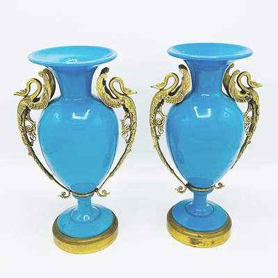 Lot 1201 - Pair of French Gilt-Metal Mounted Blue Opaline Glass Vases