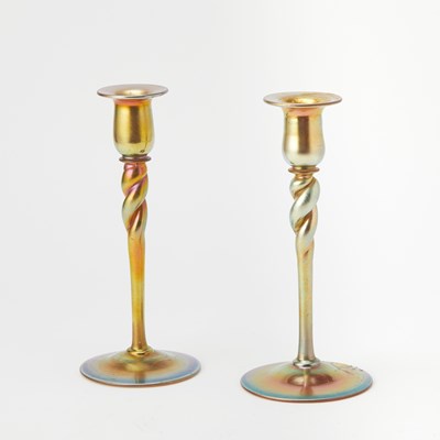 Lot 355 - Two Carder Steuben Aurene Glass Candlesticks