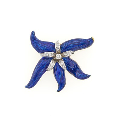 Lot 3242 - Two-Color Gold, Blue Enamel and Diamond Starfish Brooch