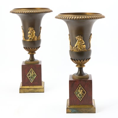 Lot 385 - Pair of Restauration Gilt and Patinated Bronze Urns