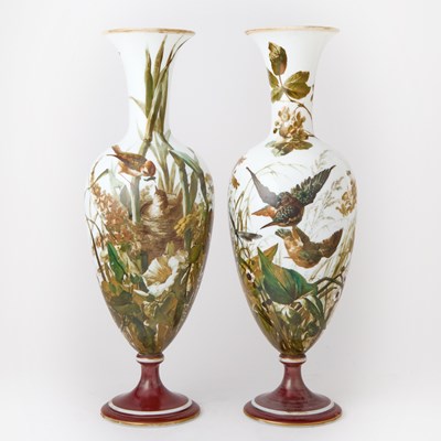 Lot Pair of French Hand Painted Blown Glass Vase-Form Lamp Bases