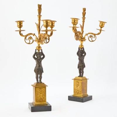 Lot 378 - Pair of Restauration Gilt and Patinated Bronze Figural Three-Light Candelabra