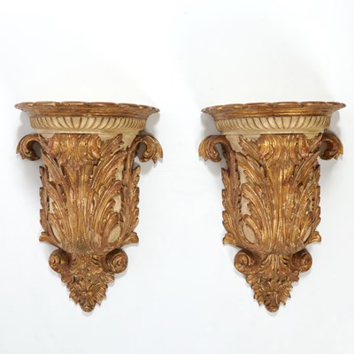 Lot 298 - Pair of Italian Rococo Style Gilt and Painted Carved Wood Brackets