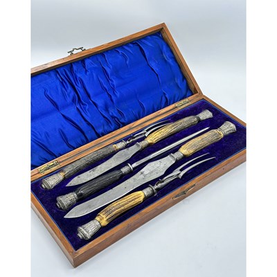 Lot 1264 - Victorian Five-Piece Sterling Silver Mounted Antler Handled Carving Set