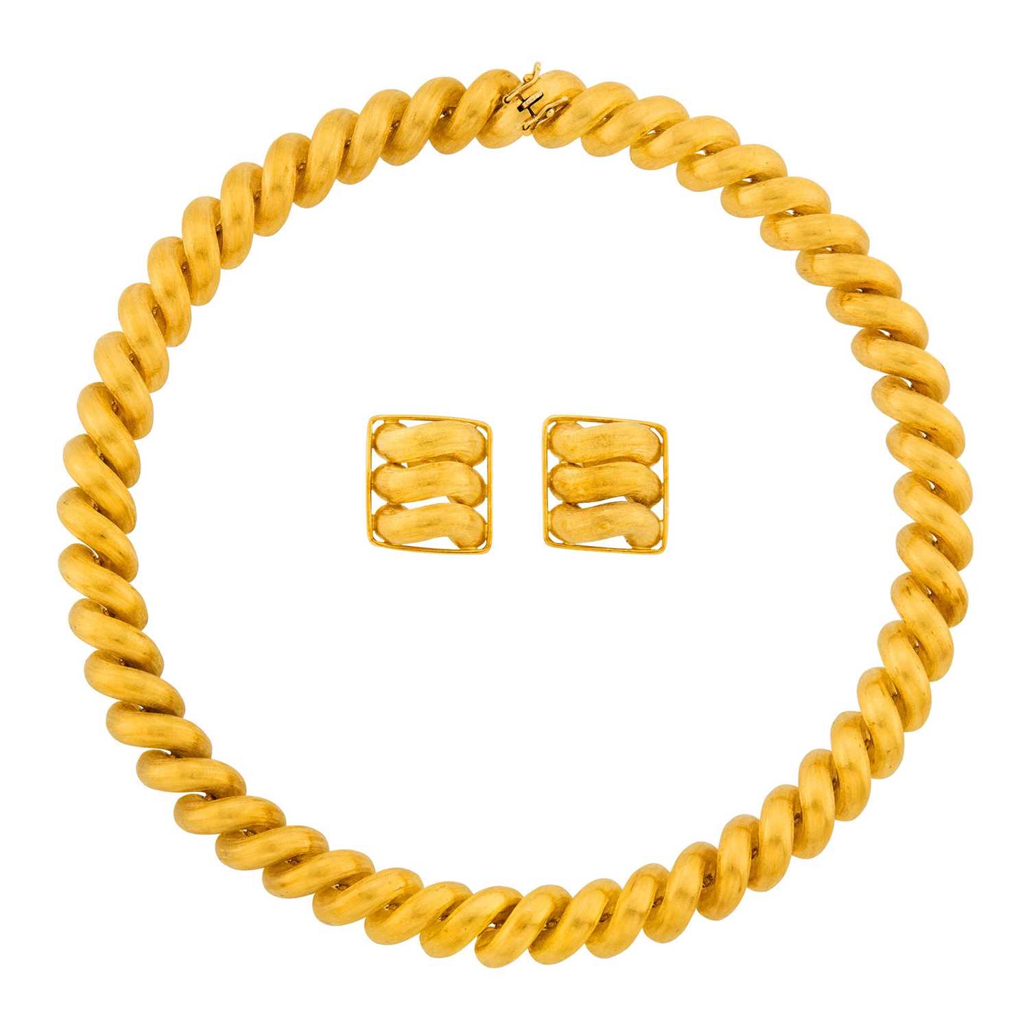Lot 1026 - Tiffany & Co. Gold 'San Marco Link' Necklace and Pair of Earclips