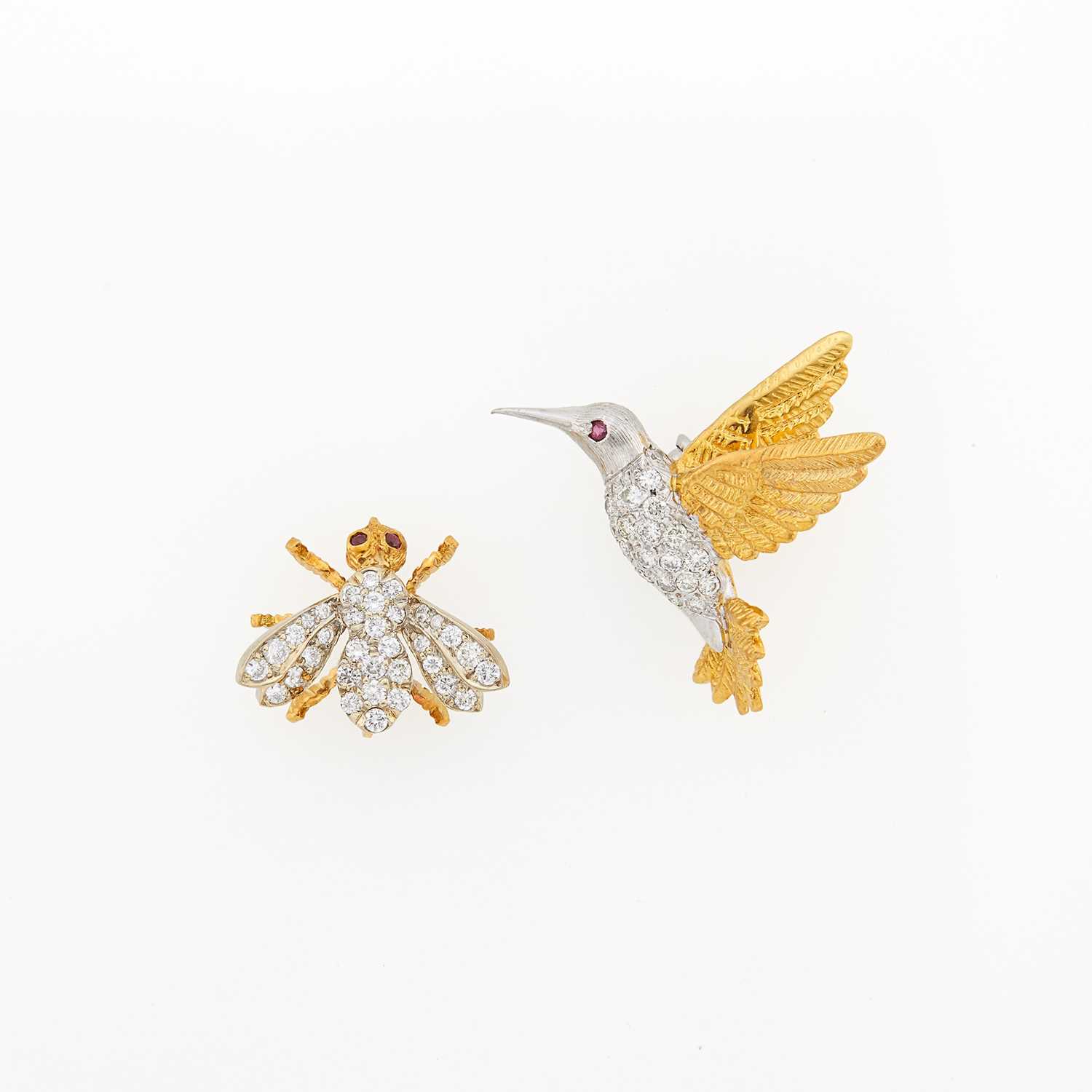 Lot 2059 - Gold and Diamond Bee Pin and Two-Color Gold and Diamond Hummingbird Pin