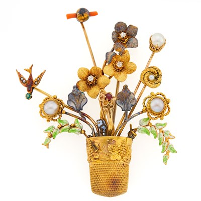 Lot 2146 - Low Karat Gold Gold, Silver, Enamel, Cultured Pearl, Diamond and Simulated Gem-Set Stick Pin Brooch